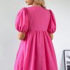 Bright Pink Puff Sleeve Tie Front High Waist Mini Dress for Women - Image 2