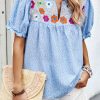 Women's Sky Blue Floral Embroidered Puff Sleeve Notched V Neck Blouse - Image 5