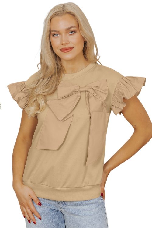 Women's Parchment Two-Tone Ruffle Sleeve Top with Bow Detail