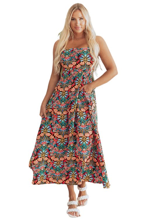 Women's Black Boho Floral Print Sleeveless High Waist Maxi Dress for Summer