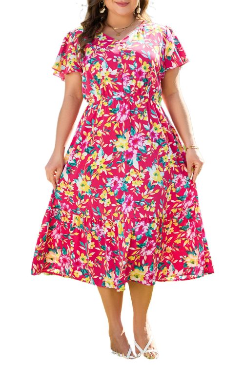 Women's Plus Size Pink Floral Print V Neck Pocketed High Waist Midi Dress