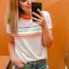 Women's White Rainbow Stripe Print Contrast Crewneck T-Shirt - Casual Summer Style - Image 2