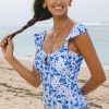 Women's Blue Floral Ruffled Strap Lace-Up Hollow Out One Piece Swimsuit - Image 3