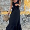 Elegant Black V Neck Flutter Sleeve Smocked Bodice High Waist Ruffle Maxi Dress - Image 5