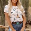 Women's Beige Western Cactus Print Crew Neck Short Sleeve Top - Image 8