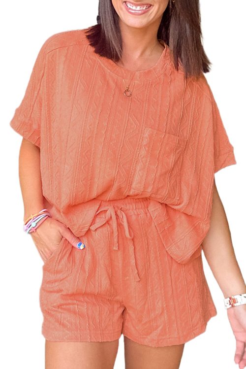 Stylish Pale Chestnut Textured Patched Pocket Short Sleeve Top & Drawstring Shorts Set for Women