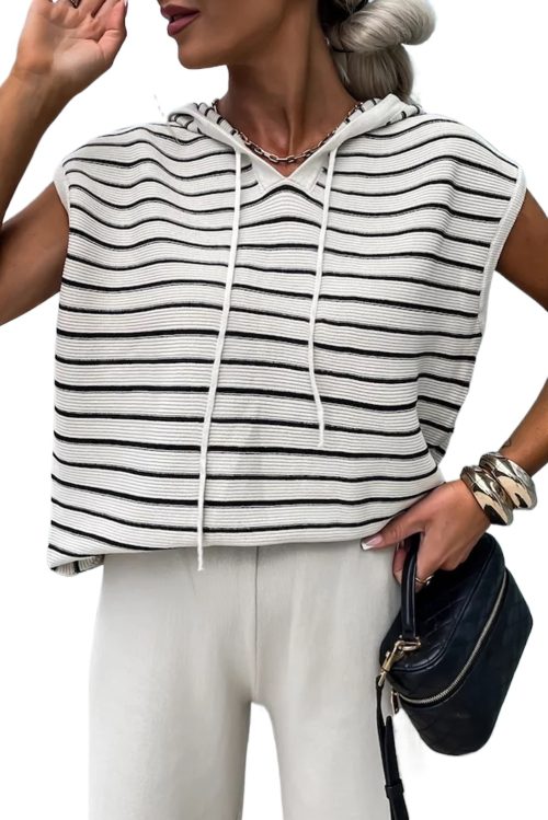 Women's White Stripe Drawstring Hooded Loose Sweater T-Shirt