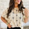 Charming Beige Bow Print Puff Short Sleeve Top for Women - Image 4