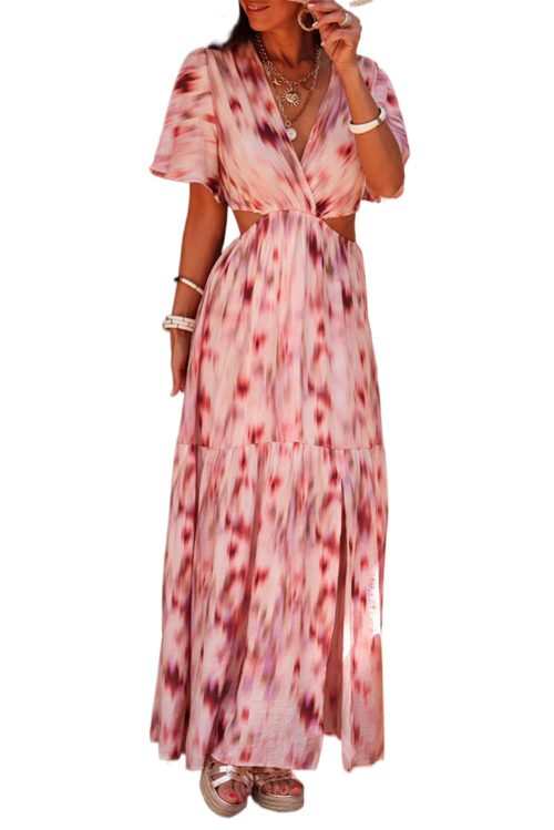 Women's Pink Abstract Printed Flutter Sleeve Maxi Dress with Daring Cutouts