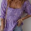 Women's Purple Boho Paisley Print Half Sleeve Shirred Peplum Blouse - Image 6