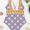 Women's Yellow Floral Print V Neck One Piece Swimsuit - Bohemian Style Monokini - Image 14