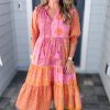 Plus Size Pink Boho Paisley Floral Mixed Patchwork Midi Dress with Tassel Tie - Image 6