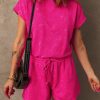 Women's Rose Red Mineral Wash Drawstring Waist Hollow Out Back Short Sleeve Romper - Image 5