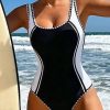 Women's Black Color Block U Neck One Piece Swimsuit with Ric Rac Trim - Image 5