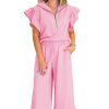 Women's Pink Textured Ruffled Sleeve Zipped Top and Wide Leg Pants Set - Image 6