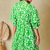 Elegant Green Floral Print Puff Half Sleeve V Neck Babydoll Dress for Women - Image 2