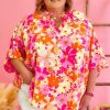 Plus Size Red Floral Short Sleeve Blouse with Slit Neck - Feminine & Flowy Fit - Image 8