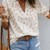 Women's White Floral Eyelet Embroidered Puff Sleeve Notch V Neck Blouse - Elegant Summer Top - Image 4