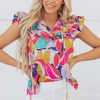 Women's Pink Abstract Printed Ruffled Flutter Sleeve Tied Split V Neck Blouse - Image 6