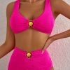 Women's Rose Red Wire-Free Knotted Bikini Swimsuit with Gold Shell Decor - 2pcs Set - Image 5