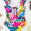 Women's Green Tropical Print V Neck Backless One Piece Swimsuit with Ruffle Detail - Image 9