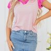 Women's Pink Stripe Ruffled V Neck Cap Puff Sleeve Top for Everyday Elegance - Image 9