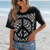 Women's Black Checkerboard Peace Sign Printed Round Neck T-Shirt - Image 3