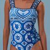 Women's Blue Tile Pattern Ricrac Wide Straps Sheath One Piece Swimsuit - Image 8