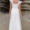 Women's White Polka Dot Flutter Sleeve Square Neck Smocked Maxi Dress - Image 6