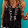 Women's Black Floral Embroidery Ruffled Spaghetti Straps Tank Top - Elegant V Neck Design - Image 5