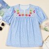 Women's Sky Blue Floral Embroidered Puff Sleeve Notched V Neck Blouse - Image 7