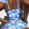 Women's Blue Floral Ruffled Strap Lace-Up Hollow Out One Piece Swimsuit - Image 11