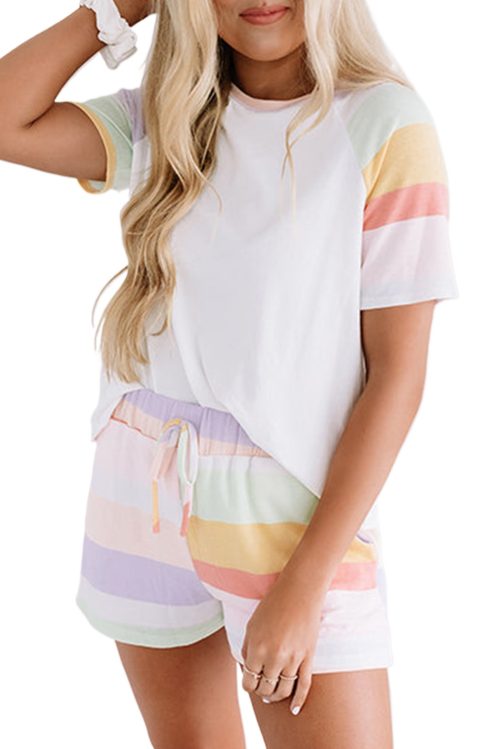 Women's White Rainbow Striped T-Shirt and Drawstring Shorts Set