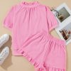 Chic Women's Pink Half Zip Puff Sleeve Top with Ruffled Shorts Set - Image 12