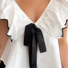 Women's Elegant White Contrast Bow Ruffle Trim V Neck Blouse - Image 6