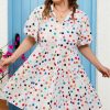 Plus Size White Polka Dot Print Bubble Sleeve Button Up Shirt Dress for Women - Image 3