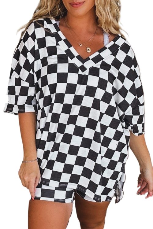 Plus Size Women's Black Checkered Pattern Tee and Shorts Two Piece Set