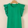 Women's Dark Green Embroidered Ruffled Sleeve Slim Fit Crew Neck Top - Image 7