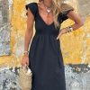 Elegant Black V Neck Flutter Sleeve Smocked Bodice High Waist Ruffle Maxi Dress - Image 3