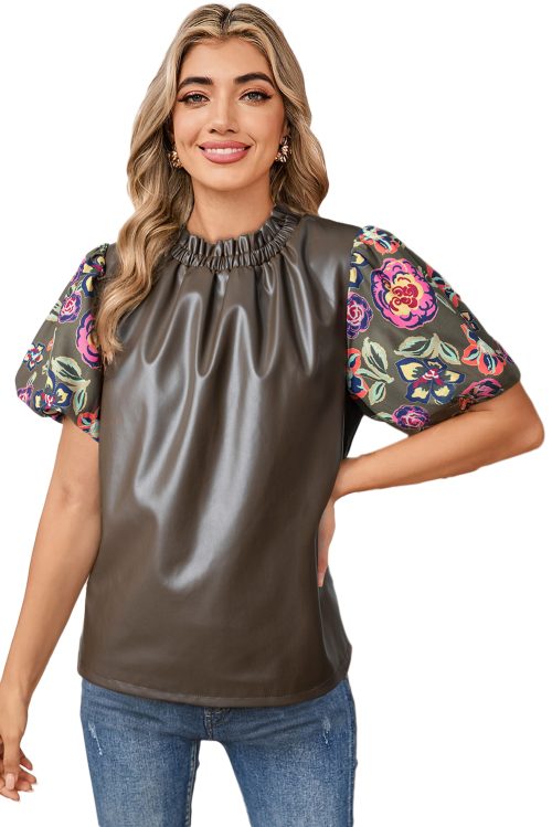 Women's Four Leaf Clover Floral Bubble Sleeve Patchwork Faux Leather Frilled Round Neck Blouse