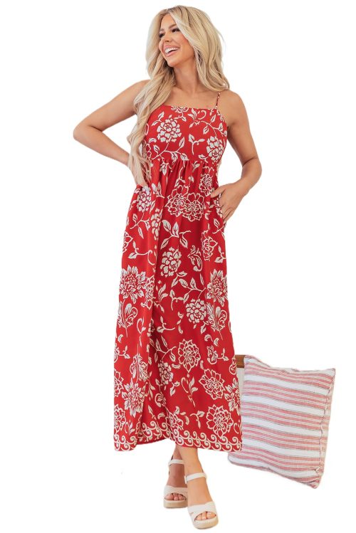 Women's Red Floral Printed Spaghetti Strap Empire Waist Maxi Dress - Bohemian Style for Summer