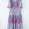 Women's Sky Blue Mixed Floral Print Tie Split Neck Short Sleeve Midi Dress - Image 7