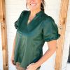 Chic Sea Green Notched V Neck Short Puff Sleeve PU Leather Blouse - Image 4