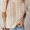 Chic Women's Beige Hollowed Pattern Knit Short Puff Sleeve Sweater - Image 6