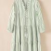 Women's Plus Size Green Stripe Bracelet Sleeve Tasseled Tied Neck Mini Dress - Image 2