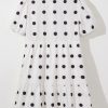 Women's White Polka Dot Print Short Sleeve Collared Buttoned Tiered Babydoll Dress - Image 6