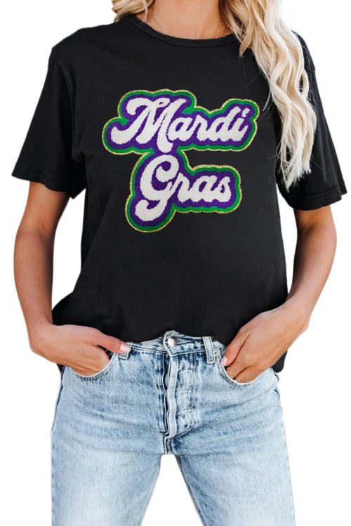 Women's Black Mardi Gras Chenille Patched Graphic Tee - Festive and Comfortable