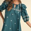 Women's Skobeloff Boho Floral Ruffle Puff Sleeve Mini Dress with Lace-up V Neck - Image 3