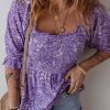 Women's Purple Boho Paisley Print Half Sleeve Shirred Peplum Blouse - Image 7