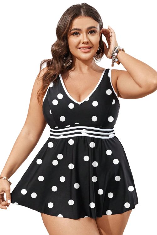 Women's Plus Size Black Polka Dot Trim V Neck Swim Dress - Elegant Colorblock Design